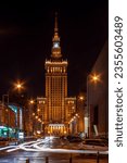 Small photo of Warsaw, Poland 05 05 2007: a view of the palace of culture ans science in the center of Warsaw by night with beautiful lighting