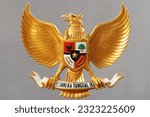 Small photo of State emblem of Indonesia is called Garuda Pancasila, the national motto: "Bhinneka Tunggal Ika", roughly means "Unity in Diversity". Pancasila is foundational philosophical theory of Indonesia.