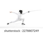 Small photo of Woman in a fencing costume with a sword in hand isolated on white background