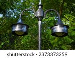 Small photo of Lamp post globe light, Fumagalli Amelia 400mm Black Opal LED 6W Bollard Post Light, Mild Steel Dual-Arm Decorative Lighting Pole