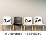 Job recruiting advertisement represented by 'JOIN OUR TEAM' texts on the chairs. One chair is colored differently to represent the hiring position to be recruited and filled.