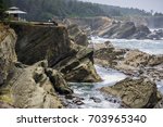 Dramatic shoreline with strange rock formations at Shore Acres State Park, Coos Bay, Oregon