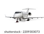 Small photo of Close-up luxury executive airplane with an opened gangway door isolated on white background