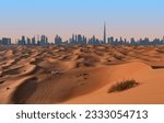 Small photo of Dubai skyline on the horizon of a sand and dune landscape with tire tracks from a 4x4 vehicle during safari excursion. Blue sky at sunset.