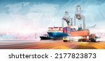 Small photo of Global business logistics import export of containers cargo freight ship loading at industrial port and truck on world map network distribution background, Logistics transportation worldwide concept