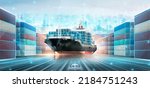 Small photo of Smart Logistics and Warehouse Technology concept, Real time data location tracking freight shipment delivery, Container ship at port, Global business logistics import export transportation background