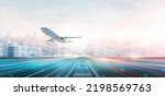 Small photo of Technology digital future of commercial air transport concept, Airplane taking off from airport runway on city skyline and world map background with copy space, Moving by speed motion blur effect