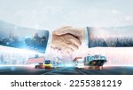 Small photo of International business logistics transportation teamwork concept, double exposure of handshake partnership import export delivery background and modern futuristic of container cargo freight ship truck
