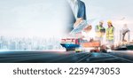 Small photo of Business and technology digital future of cargo containers logistics transportation import export concept, Engineer using laptop online tracking control delivery distribution on world map background