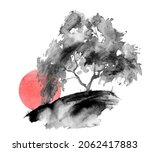 Watercolor banner, logo, postcard. Black silhouette of the forest, birch, poplar, maple.  Watercolor landscape, black splash of paint, abstract spots, beautiful drawing. Red, pink sun. Eclipse 