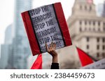 Small photo of Person holds up a sign saying Stop the Genocide at a Palestinian demonstration Toronto Canada against the war in Gaza