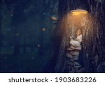 Enchanted forest - little girl sitting under the glowing mushroom, reading her book; Fantasy,  nature, fairy tale; 