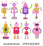 Cute Cartoon Robots Set For...