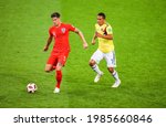 Small photo of Moscow, Russia – July 3, 2018. England national football team centre-back John Stones against Colombia striker Carlos Bacca during World Cup 2018 Round of 16 match Colombia vs England