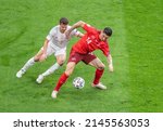 Small photo of Saint Petersburg, Russia – July 2, 2021. Switzerland winger Steven Zuber and Spain right-back Cesar Azpilicueta during EURO 2020 quarterfinal Switzerland vs Spain (1-1)