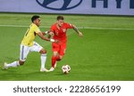 Small photo of Moscow, Russia – July 3, 2018. England national football team right-back Kieran Trippier and Colombia winger Johan Mojica during World Cup 2018 Round of 16 match Colombia vs England (1-1)