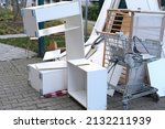 Small photo of bulky waste, old furniture, tables, used things on the street before it is collected, problem of shredding garbage, disposal of bulky refuse, is diverted for recycling, pollution of nature
