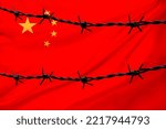 Small photo of national flag of China on textured background, rows of barbed wire, concept of war, revolution, armed uprising in country, increase in crime in state, terrorist attack, redistribution of power