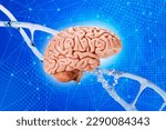 Small photo of human brain on DNA helix background, deoxyribonucleic acid, nucleic acid molecules, human genome research method, artificial intelligence, regulation interneuronal contacts, microdamages DNA neurons