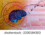 Small photo of human brain on DNA helix background, deoxyribonucleic acid, nucleic acid molecules, human genome research method, development science, regulation interneuronal contacts, microdamages in DNA neurons