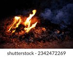 Small photo of wildfire, rural fire, burning conflagration, burning ash, setting, charred dry grass in forest, acrid gray smoke, uncontrolled fire in area combustible vegetation, harming nature, spontaneous spread