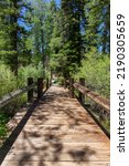 Wooden Bridge over River in Park surrounded by Bushes and Trees. Summer Season. Sugar Pine Point Beach, Tahoma, California, United States. Sugar Pine Point State Park. Nature Background.