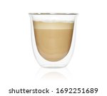 Transparent double wall glass mug with cappuccino coffee isolated on white background