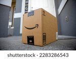 Small photo of Cardboard box with Amazon Prime label dropped off on home porch. Ordered online christmas gift in package on doormat. Priority delivery of purchased online products. Sarasota, USA - December 19, 2022.