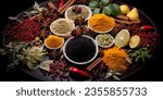 Small photo of Cooking ingredients, colorful variety of spices, herbs and other ingredients