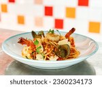 Seafood pasta , spaghetti, frutti di mare Italian cuisine