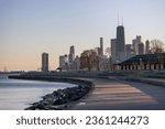 Chicago skyline at sunset from the shore of Lake Michigan 