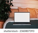 Laptop blank screen on bed in country house bedroom interior background, mockup, template. Clipping path device screen. Silver aluminium laptop at bed near green waringin tree