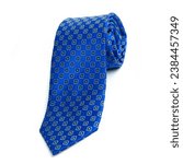 Small photo of Blue tie cravat with printed drawings. Decorated with squares and boxes. Elegant clothing, outfit for suit, ideal for meetings, elegant outings and formal events. Tie isolated on white background