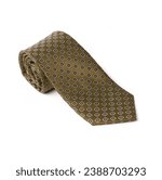 Small photo of Brown tie cravat with printed drawings. Decorated with squares and boxes. Elegant clothing, outfit for suit, ideal for meetings, elegant outings and formal events. Tie isolated on white background