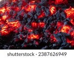 Hot Sparking Live-Coals Burning in A Bonfire. Red Burning Live Coals Campfire, Fireplace, Flames, Hot, Fire