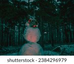 Small photo of Devilish snowman with red glowing eyes