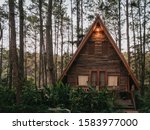 Small European-style resort wooden house or wooden hut in a pine forest in Chiang Mai, Thailand, in an environment similar to Europe or Canada.