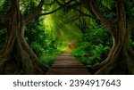 Small photo of The sunlit path through the lush green forest is tranquil and serene. Tranquil autumn forest with green leaves and sunlight. Tranquil autumn path in ancient rainforest with lush foliage.