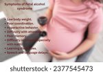 Small photo of Fetal alcohol syndrome. Pregnant woman holding a glass of wine in the background of the pregnant belly, the concept of alcohol intake during pregnancy. Symptoms of Fetal alcohol syndrome.