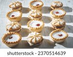 Small photo of commecial photos of Viennese Whirls and Bakewell tarts on metal tray and with coloured backgrounds