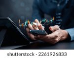 Businessmen investor think before buying stock market investment using smartphone to analyze trading data. investor analysis with stock exchange graph on screen. Financial stock market.