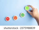 Small photo of Smiley face mental health assessment positive. refresh wellness emotion, Hand selection max happiness emotion. change emotion concept.