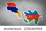 Small photo of Flags of Armenia and Azerbaijan, The current contours of the countries on a gray background, The concept of tense relations and border conflict