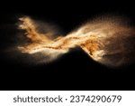 Small photo of Golden sand explosion isolated on black background. Abstract sand cloud. Golden colored sand splash against dark background. Yellow sand fly wave in the air.