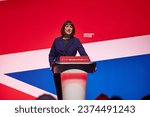 Small photo of Liverpool, United Kingdom - October 09 2023: Labour Party Conference. The Shadow Chancellor of the Exchequer, Rachel Reeves announcing the Labour party's financial manifesto for the General Election.