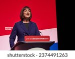 Small photo of Liverpool, United Kingdom - October 09 2023: Labour Party Conference. The Shadow Chancellor of the Exchequer, Rachel Reeves announcing the Labour party's financial manifesto for the General Election.