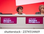 Small photo of Liverpool, United Kingdom - October 9 2023: Labour Party Conference. Labour NEC Chair, Joanna Baxter, listens to the Shadow Chancellor of the Exchequer, Rachel Reeves' speech.