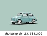 Small photo of Model retro toy car on pastel blue background. Miniature car with copy space