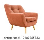 Comfortable coral pink armchair isolated on white background. Interior design element