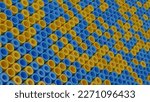 3d rendering of multiple tubes of the same outer diameter and different inner diameter. Yellow and blue tubes. Abstract geometric background.
